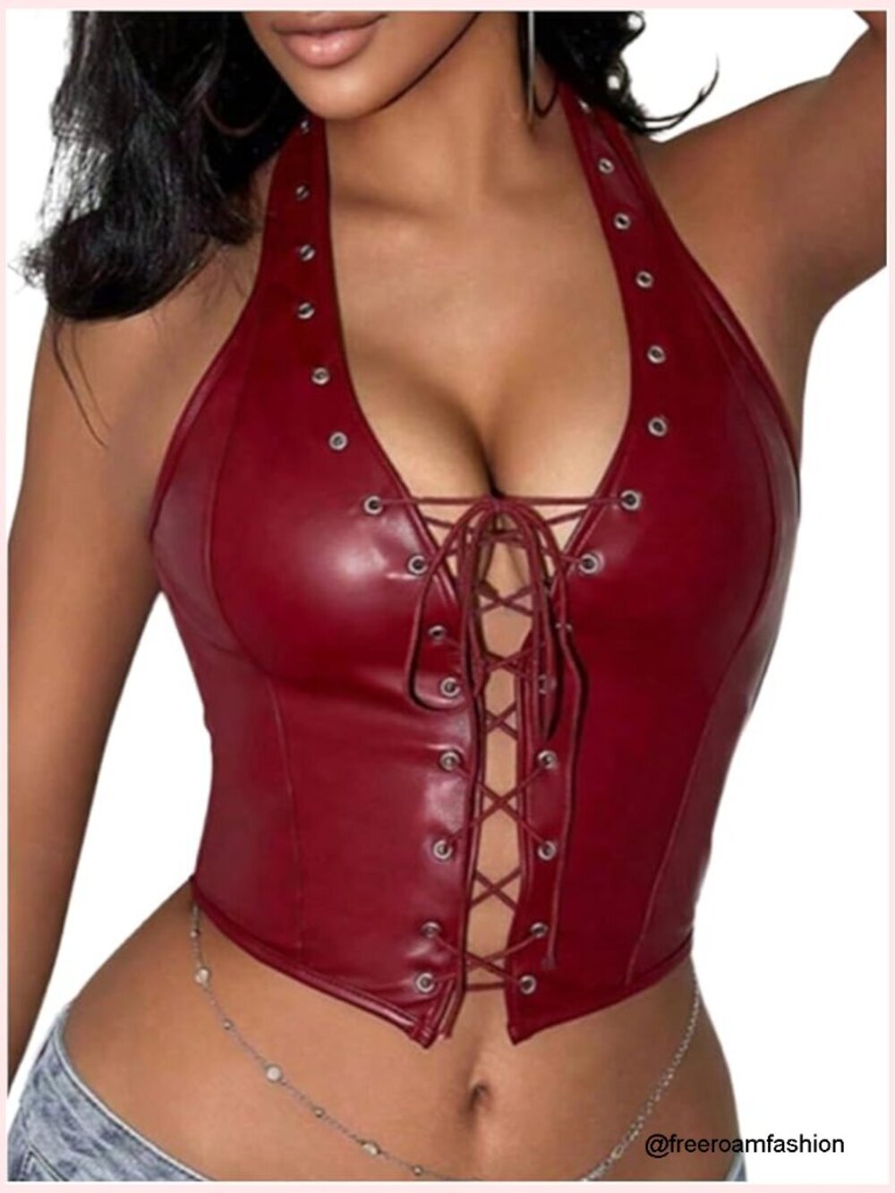 PU Leather Halter Crop Top Lace Up Corset S M